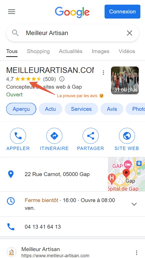 Les avis client sur la page Google Entreprise