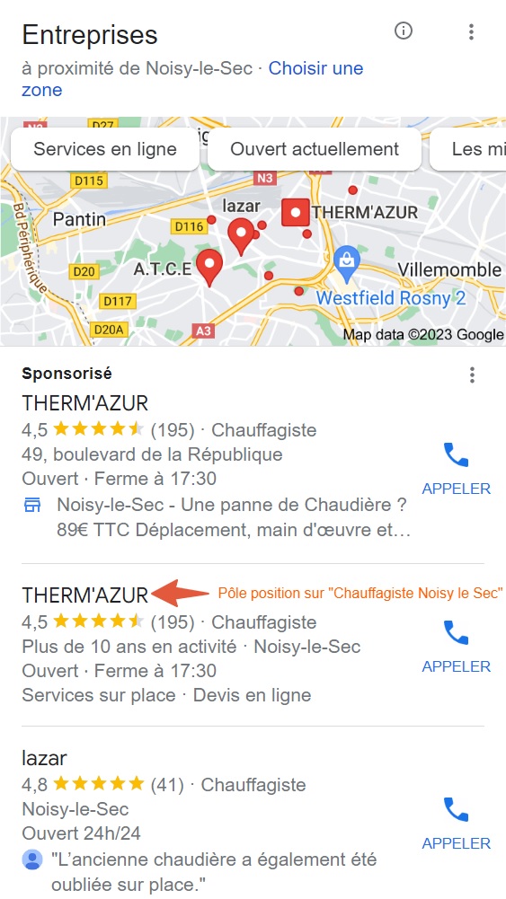 Recherche métier+ville sur Google Entreprise
