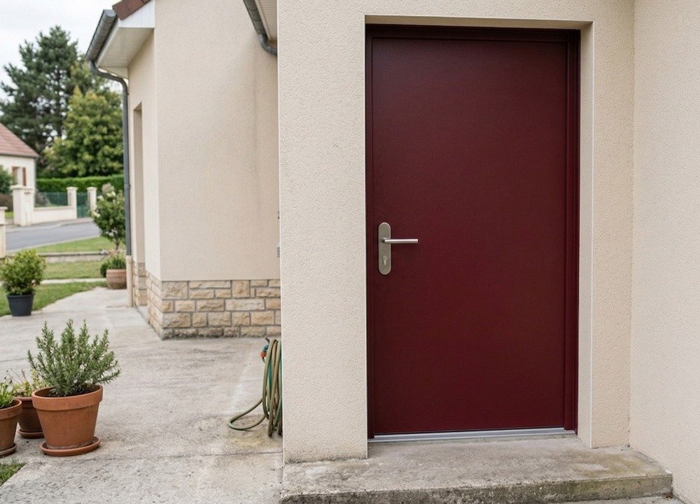 Porte d’entrée rouge RAL 3004 installée à Amilly