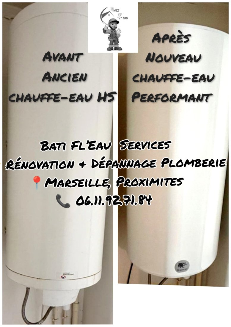 Avant / Après : remplacement d’un chauffe-eau de 150L défectueux.