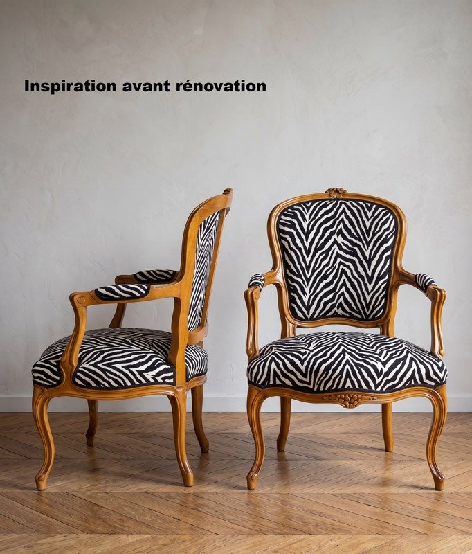 Fauteuils Louis XV rénovés, tissu zèbre, finition soignée