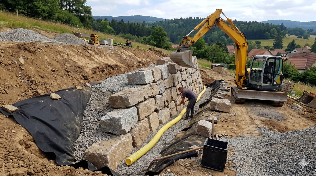 Mur enrochement paysager, granit des Vosges, pelle 8 tonnes