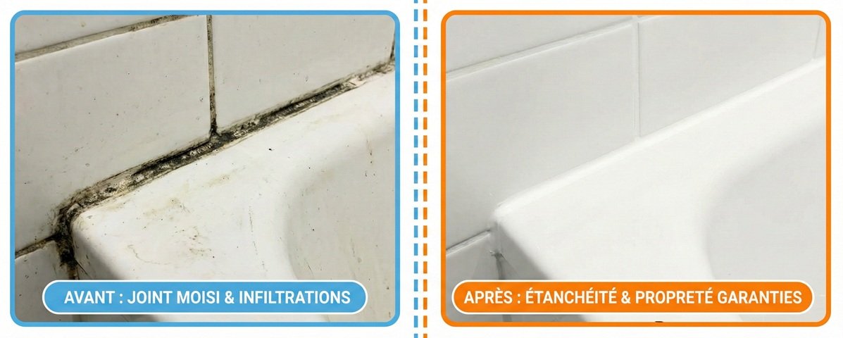 Avant / Apr&egrave;s la r&eacute;novation d'un joint silicone